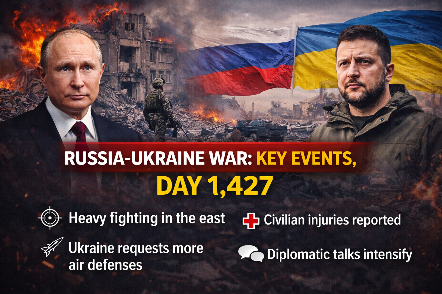 Key developments from the Russia-Ukraine war on day 1,427, including battlefield updates, diplomacy, military aid, and civilian impact.